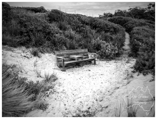 Black and white photograph of a wooden park bench situated on a patch of white sand near a walking path at Binalong Bay, signed by Kev Peirce Photography.  The sand is surrounded by dense coastal scrub and tall grasses that rise up a dune behind the bench. The bench is weathered, and there is a small object, possibly a book or small box, visible on the seat.  A wooden boardwalk or path curves away into the thick foliage on the right. The sky is pale and overcast, adding to the quiet atmosphere of the scene.