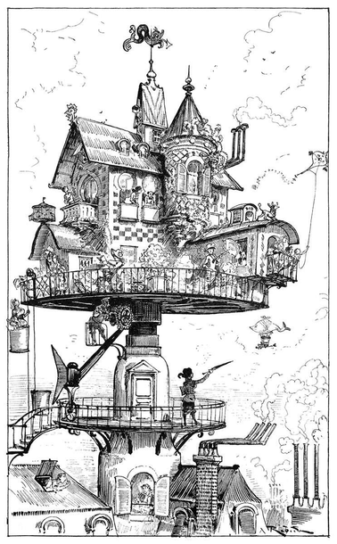 A house with an oriel window and a checkered tile pattern stands on a high, circular rotating platform, operated by a man managing wheels and gears below. People in the house are going about their lives: a woman reads in the yard while children fly a kite.