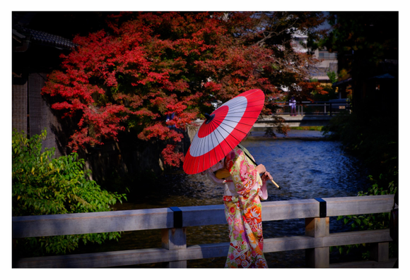 A woman dressed in a colorful kimono stands under a red and white parasol, leaning against a wooden bridge. Behind her, vibrant red and green foliage borders a serene river scene.