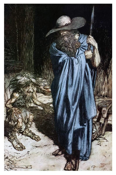 A bearded man wrapped in a cloak, his eyes obscured by the brim of a large hat, stands upright while leaning on a spear, his head slightly tilted to the side as a fretful dwarf speaks to him.