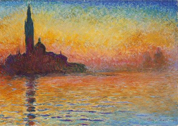 Claude Monet, "San Giorgio Maggiore at Dusk" (1908).

It depicts mysterious buildings that seem to magically appear from the surrounding landscape, they almost seem to float in the background. The forms are gently inserted, though not enough to disguise their identity. The painting focuses on the Church of San Giorgio Maggiore with its bell tower rising to the top of the painting. To the right are the faintly visible domes of Santa Maria della Salute and the mouth of the Grand Canal.

https://en.wikipedia.org/wiki/San_Giorgio_Maggiore_at_Dusk#/media/File:Claude_Monet,_Saint-Georges_majeur_au_cr%C3%A9puscule.jpg
