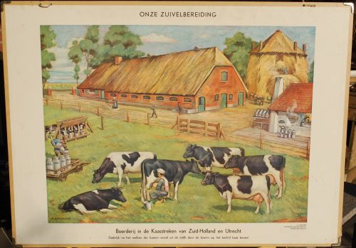 Oude schoolplaat van een boerderij met op de voorgrond koeien en op de achtergrond een hooimijt
