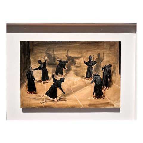 An artwork by Michaël Borremans depicting several figures in black robes, kneeling or standing in a barren space. The figures appear to be engaged in a ritual or movement, with muted colors dominating the scene, creating a somber atmosphere.