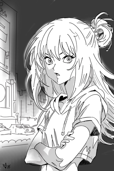 Rather hasty black-and-white lineart scribble of a younger Kait, a young woman wearing a cropped hoodie-shirt, sporting an unruly mane of hair with a tiny ponytail held by some kind of bangle. She is looking at the viewer with an expression of annoyed surprise, her arms crossed. There is an implied city/parking lot scene in the background.