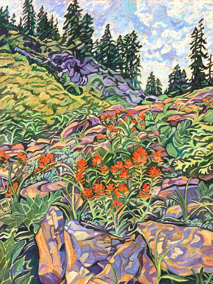 A mountainous landscape with fir trees in the distance atop a ridge. The slopes below are lushly covered with low-lying colorful flowers, plants, and rocks. In the foreground are deep orange paintbrush flowers and the plants are fresh green. Even the rocks are colorful, lilac, and peach and blues. The sky that can be seen between the fir trees is a baby blue with tinges of lilac and lots of plump white clouds. 