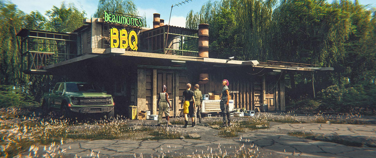 A collection of "cyberpunk" band members gather out front of "Beaumont's BBQ", a ramshackle restaurant / club in the bijou.