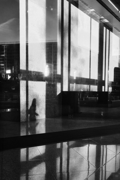 A shadow is cast on the wall of a lobby from a person walking by. The reflection of the outside world is overlaid on the large panes of light from the sun outside.