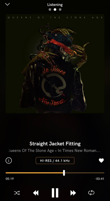 Album cover art for "In Times New Roman..." by Queens of the Stone Age, featuring a surreal illustration of a figure with a wolf's head and a leather jacket, with various abstract elements in the background. The album title and song "Straight Jacket”