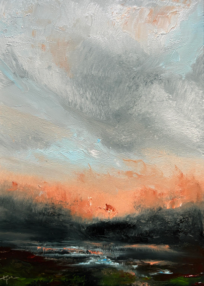 Original oil painting by Tisha Mark, "Beneath Our Autumn Sky" 7"x5" oil on Ampersand Gessobord (2025). Loosely painted abstract-leaning atmospheric landscape with dark grays and earth tones and a body of water that reflects orange and light blue color from the sky. The sky is light blue with gray clouds, and has the orange light of an autumn evening.