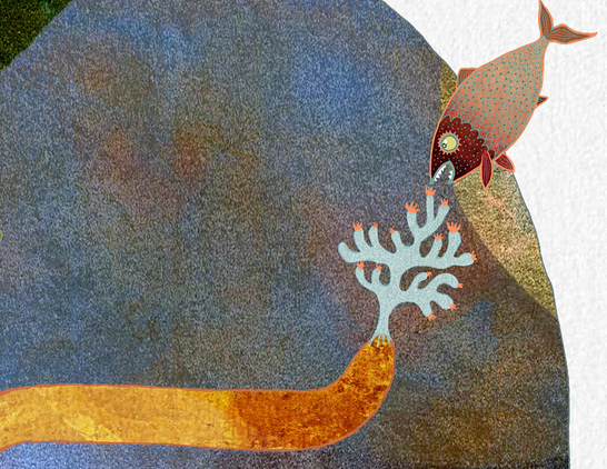 A cat stands very still, slyly glancing at the tip of its tail, where a hopeful fish has come for a nibble. On the tip of its tail grows a bit of tasty-looking vegetation. Its orange body has seaweed shaped patterns. From the top of the kitties head, branching flowers of green and orange blossom and sway, enticing the unwary to come closer. (Partial Image - enlargement)