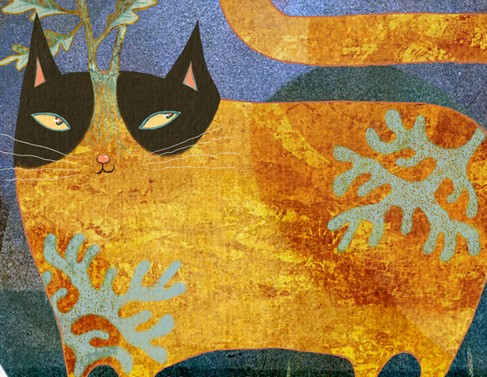 A cat stands very still, slyly glancing at the tip of its tail, where a hopeful fish has come for a nibble. On the tip of its tail grows a bit of tasty-looking vegetation. Its orange body has seaweed shaped patterns. From the top of the kitties head, branching flowers of green and orange blossom and sway, enticing the unwary to come closer. (Partial Image - enlargement)