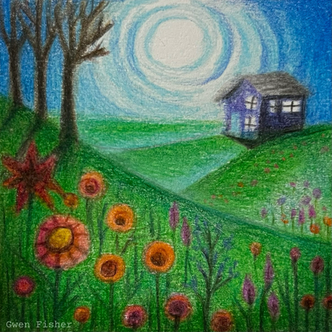 Landscape drawing in colored pencil with a bright sun as the focus surrounded by four filling hills. There’s a house and three trees. The hills are bright green with flowers. 