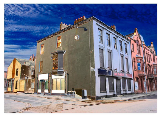 Colour modified photograph showing a closed down club on a street corner in Hartlepool.
