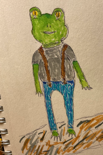 My drawing: a bipedal frog rendered in black ballpoint pen and colored with brush markers. Green froggy has yellow eyes, a gray t-shirt, and blue pants with upturned cuffs and brown suspenders. Webbed feet are unshod on a vague path streaked with brown and gray.