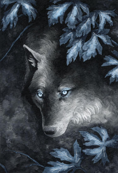 watercolor painting, a black/grey wolf portrait peaking out from under glowy blue leaves. Its eyes are glowing blue too.