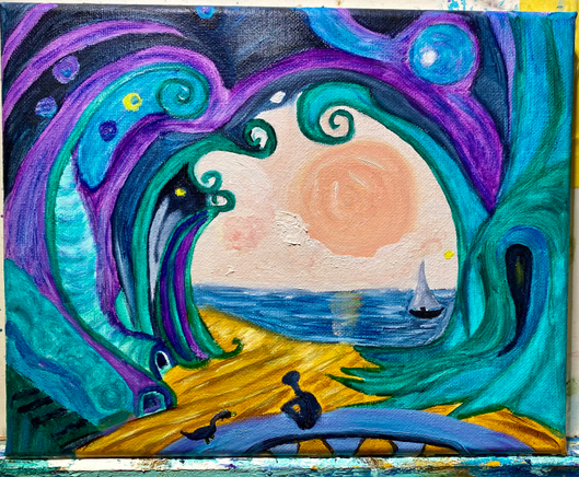 An oil painting of a surreal landscape. There is a peach colored sun dominating the background with fluffy clouds along the perimeter of the sun. Below the sun is water, with a sailboat. There is a tiny visible star. The mid ground is swoopy swirling trees in greens , purples and blues, with a sand colored ground. The foreground is a blueish balcony with a humanoid figure and a bird like creature in dark, almost black, blue. 