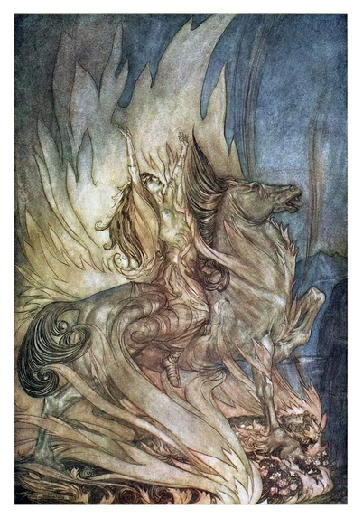 A woman on horseback throws up her arms as flames from the pyre beneath her rise high, surrounding her and her horse and beginning to engulf them.