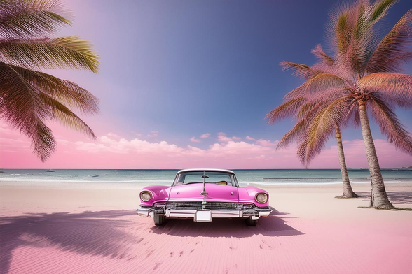 A classic vintage pink car is parked on a pristine beach with palm trees framing the scene. The vibrant colors of the sky and sea create a dreamy atmosphere.
