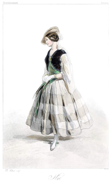 Fashion plate depicting a young woman in a striped dress with a green bodice, a flat hat, and a sleeveless black bolero.
