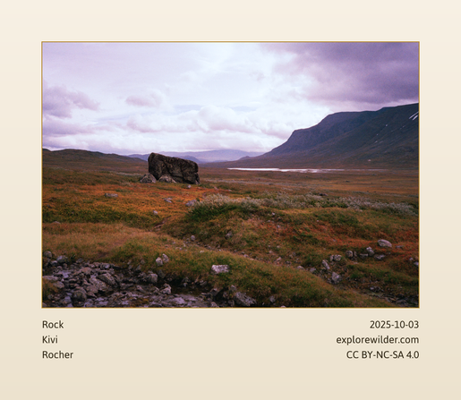 Landscape with one rock in the foreground, and mountains in the background.