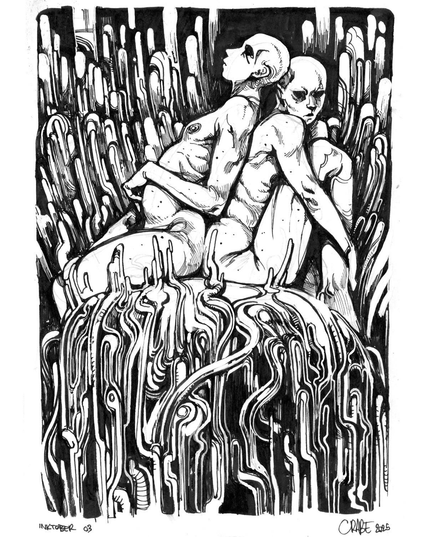 Des bonhommes nus dos à dos assis sur une structure couverte de petits boudins