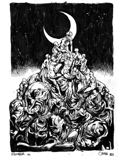 Une structure faite de têtes par les orifices desquelles sortent des gens