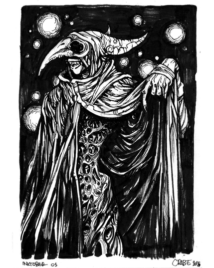 Perso avec un demi masque de médecin de peste, une cape, et un corps émacié et plein de trous avec des trous dans des trous