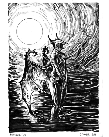 Perso apoil chauve-souriesque, les pieds dans l'eau, la lune derriere