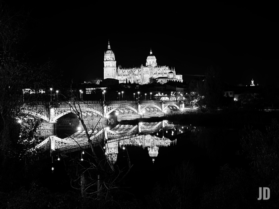 Una fotografía en blanco y negro de una escena nocturna. En el centro, una imponente catedral con varias torres y cúpulas se alza sobre una colina, brillantemente iluminada. Debajo de la catedral, un elegante puente de piedra con múltiples arcos cruza un río, también adornado con luces que delinean su estructura. Tanto la catedral como el puente se reflejan nítidamente en la superficie oscura del agua, creando una imagen simétrica y luminosa. El cielo es completamente negro y en primer plano, a los lados, se ven siluetas oscuras de árboles y vegetación. La imagen destaca por el fuerte contraste entre las luces brillantes y la oscuridad circundante.