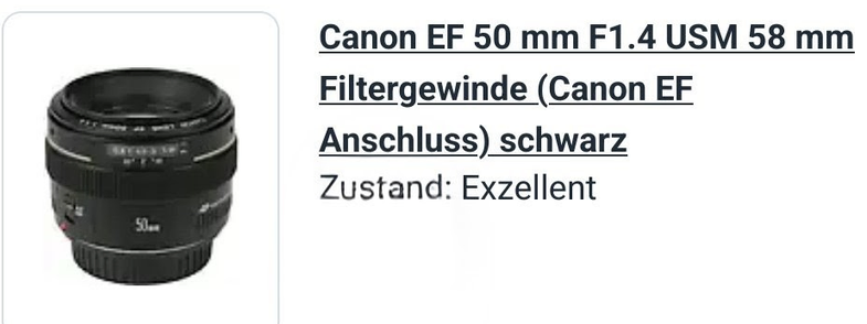 Ein Screenshot. Ein Bild eines 50mm Objektiv für eine Canon-Kamera