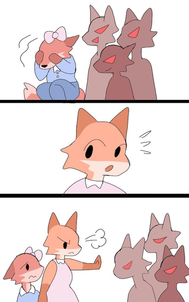 A little transgender fox girl is cowering from bullies who are presumably making fun of the trans fox girl because she's trans. She is wearing a blue shirt with blue jeans, and has a pink bowtie on her head.

A cis fox girl weaing a pink dress notices the bullying and stands in front of the trans fox girl facing the transphobes with her arm outstretched in a stop gesture.