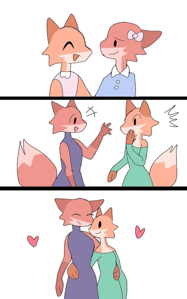 The little trans fox girl is thankful for the rescue by the cis trans fox girl.

Years later, the two reunite by happenstance, the trans fox girl wearing a blue-ish/purple-ish dress, and the cis trans fox girl wearing a mint green dress.

The two embrace and fall in love with each other.