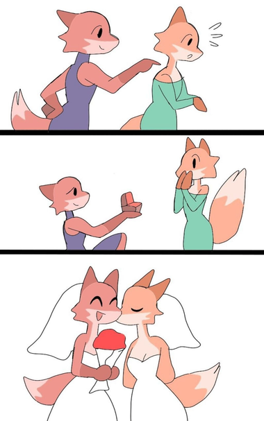 Some time later, the trans fox girl pokes the cis fox girl on the shoulder while holding something behind her back, and she gets down on her knee and proposes to the incredibly shocked cis fox girl.

The two happily marry, both wearing wedding dresses and happy faces. The cis fox girl kisses the trans fox girl on the cheek, who is holding a bouquet of roses and is incredibly happy.