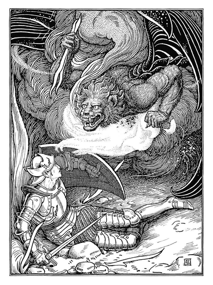 An armored knight lies on the ground, gripping his sword and using his shield to protect himself against the assault of an airborne, lion-faced monster wielding flaming darts.