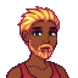 Stardew Valley-style pixel art of a black man with wavy blonde hair, green eyes, and a red tank top