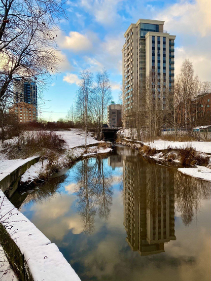 The photo shows a river reflecting a high-rise building, trees and a cloudy sky. In the foreground is the embankment of the river, covered with snow.