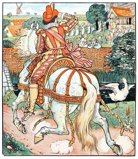 A man on horseback, seen from behind, rides toward a village where a wedding is taking place, while two children leaning on a brick wall watch him approach.