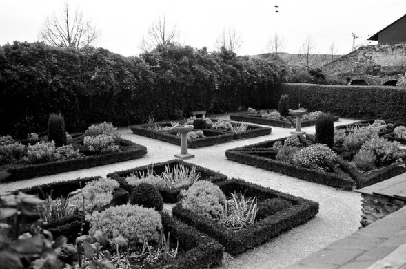 Looking from the castle courtyard into the garden. It is divided into even square plots.
