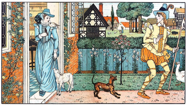 A woman stands on a doorstep with birds on her shoulders and a lamb at her feet, as a man followed by a small dog turns around on his way down the garden path.