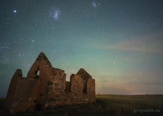 Night time shot of the ruins of a Methodist Church near Hartley, South Australia, with stars and the Large and Small Magellanic Clouds.