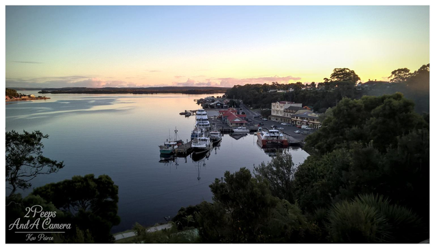 A tranquil, high angle view of the Strahan waterfront at sunset, looking across Macquarie Harbour. The sky features a soft, pale blue transitioning to golden pink light just above the distant tree lined horizon.

The water is still and dark, reflecting the colours of the sky. In the middle ground, a cluster of fishing boats and small commercial vessels are tied up at a pier, adjacent to historic town buildings nestled among dense greenery.

Dark foliage frames the bottom and right side of the photograph.