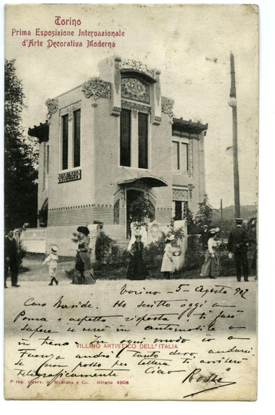 The image depicts a vintage postcard featuring an old building with ornate architectural details. The structure has multiple floors, large windows, and decorative moldings around the entrance and upper sections. In front of the building stands a group of people in early 20th-century attire—dresses for women and suits or hats for men—that suggest this photograph was taken during that era. There are at least five individuals visible: two adults with children—one child holding flowers—and another adult beside them, all dressed formally.

The postcard is titled "Torino" which translates to Turin in Italian, indicating the location of the building and likely where the event took place if it's related to an art exposition. The handwriting on the card includes a date range: "Borino - 5- aprile '92," suggesting that this photo was taken around April 5th, 1892.

The background shows trees and part of another building or structure in the distance with tall poles resembling street lights. There is handwritten text on the card providing additional context about an event related to "Villino Artistico Della Italia" which translates as 'Artists' House from Italy,' mentioning a connection between Turin, artistry, Villino (presumably artist's house), and Italian arts.

The condition of the postcard shows signs of wear with some creases and discoloration. The overall impression is that this image captures a moment in time during an early  [...]