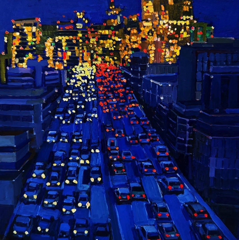 A vibrant night scene depicting a bustling city highway filled with traffic. The artwork features a blend of dark blues and bright lights, showcasing cars with illuminated headlights and taillights against a backdrop of glowing city buildings.