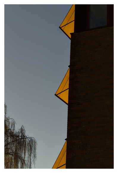 En stående bild på delar av tre orangea markiser på andra sidan väggen på en byggnad. Till vänster syns några grenar på en björk. Himmelen är blå.