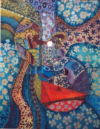 A vibrant, abstract mosaic-style artwork filled with intricate floral and geometric patterns in blues, purples, yellows, and reds. The composition includes layered shapes that loosely resemble two stylized human figures facing each other, surrounded by swirling decorative motifs. The entire image has a textured, patchwork quality, with repeated flower shapes and ornate detailing creating a rich, tapestry-like effect. A bright white glare appears near the center, reflecting light off the artwork’s surface.