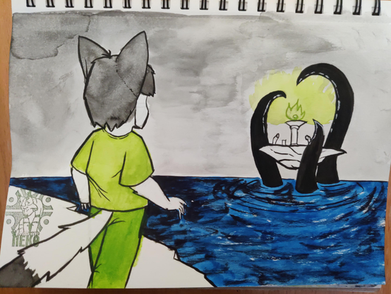 An anthropomorphic gray cat in green clothing watches with a surprised gesture as a floating is being engulfed by giant black tentacles in the distance. A green flame burns on top of a column as a beacon on said isle.