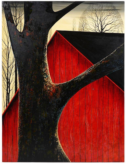 A large, textured tree is in the foreground, with a vibrant red barn partially visible in the background. Sparse, leafless trees are silhouetted against a pale sky. The overall composition emphasizes the contrast between the dark tree and the bright barn.