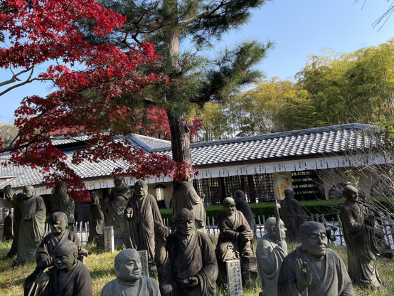 Amusing congregation of arhats, adept disciples in the hagiography (quasi-historical or mythical devotional imagery) of the Buddha, under red maple leaves, a pine tree, and bamboo in the upper right