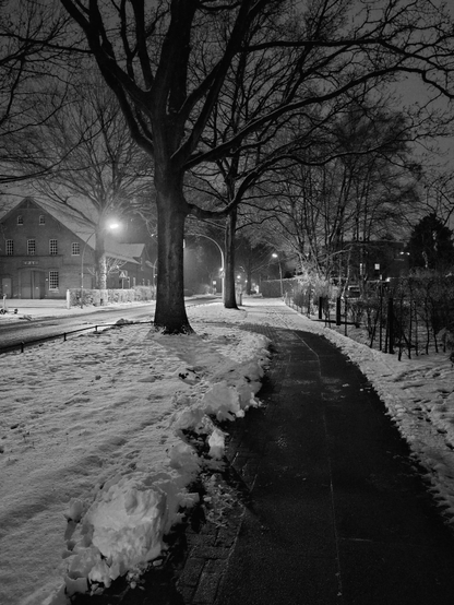Imagen de una vereda semicubierta de nieve en un barrio de Hamburgo.