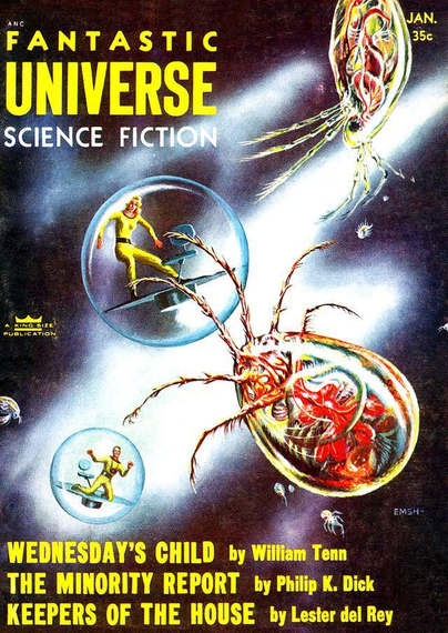 Human figures in small transparent spheres with steering consoles in them are being attacked by giant transparent creatures resembling fleas or ticks.
Magazine cover from 1956.
